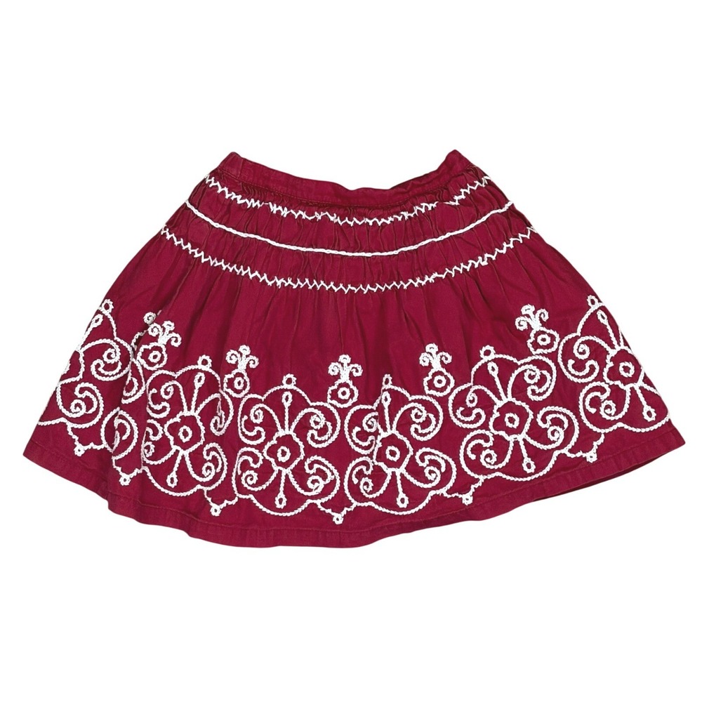 Mini Boden Girls Skirt‎ Embroidered Cotton 3-4Y Burgundy Red Boho Folk Flare